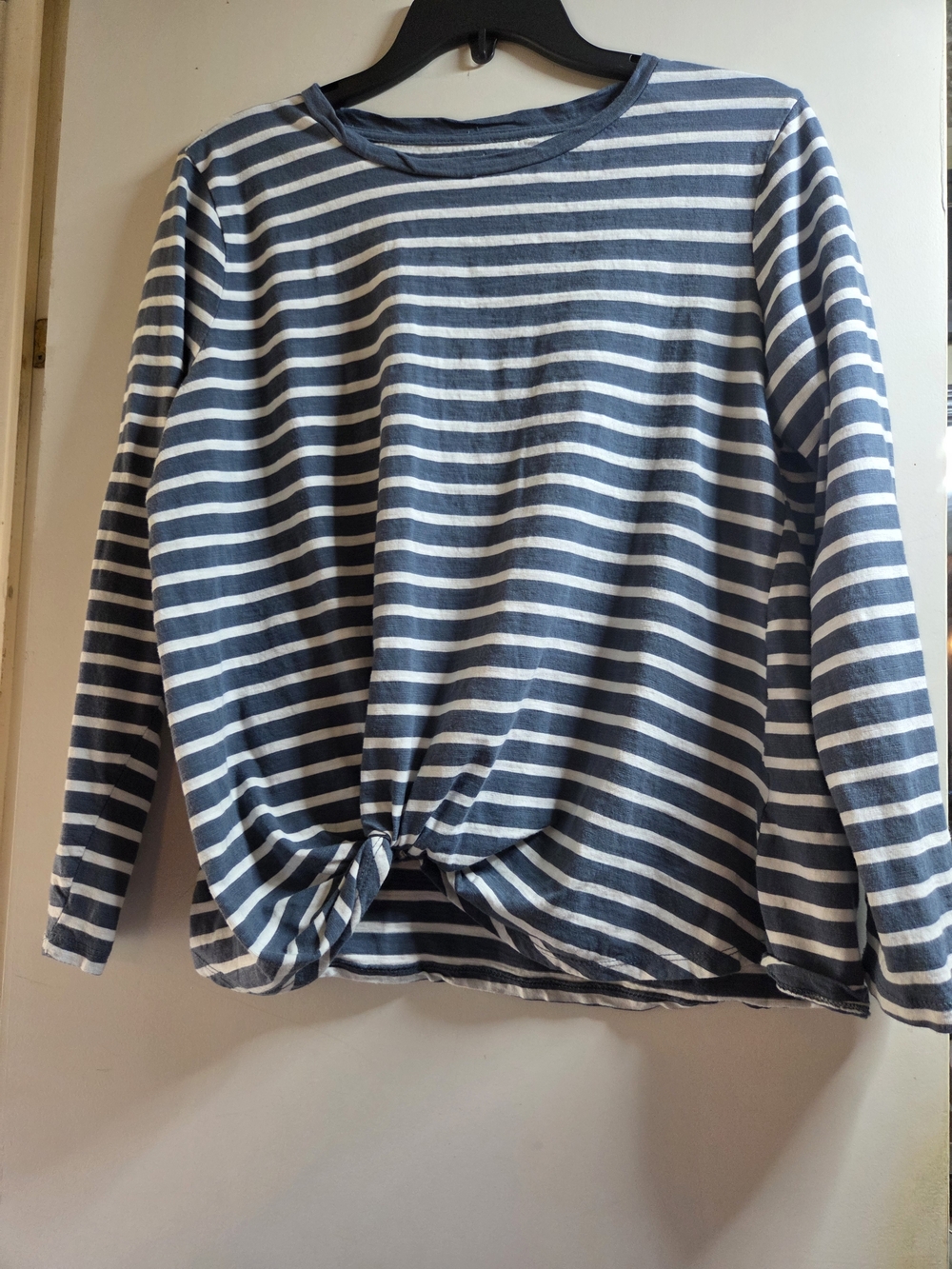 Time and Tru Navy and White Striped Long Sleeve Knot Hem Top